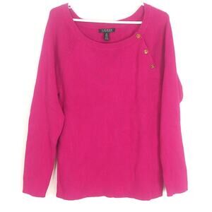 Lauren Ralph Lauren Cotton Sweater Women's 2X Pink Knit Boatneck Gold Buttons